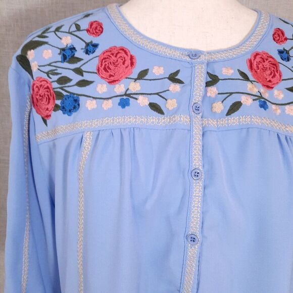 Women's Floral Embroidered Tunic Top Size Small Pleated CottageCore Blue - Picture 4 of 16
